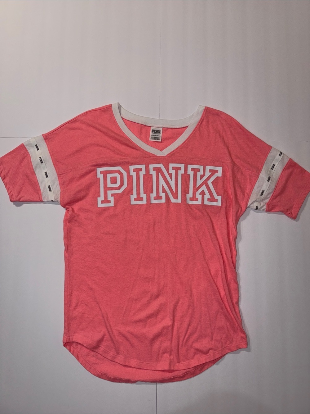 PINK Victoria's Secret Girls' Neon Pink V-Neck Varsity Tee